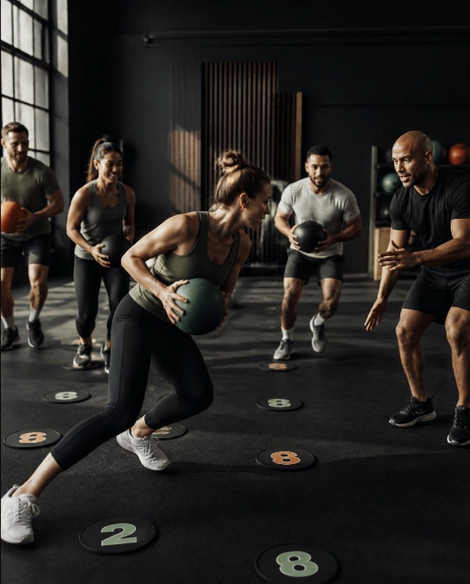 A trainer coaches a participant during an active exercise